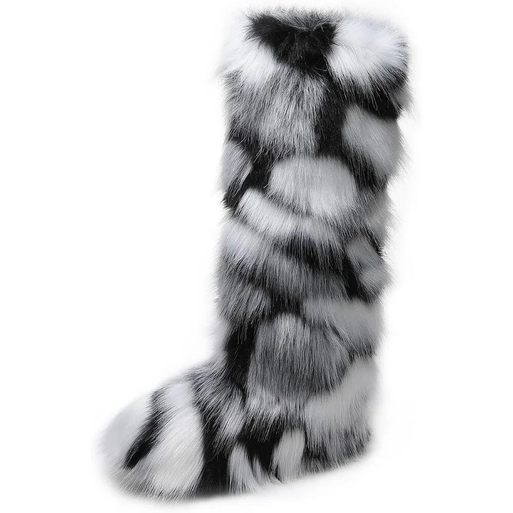 🆕Women Black and White Decors Faux Fur Round Toe Knee High Warm Outdoor Boot